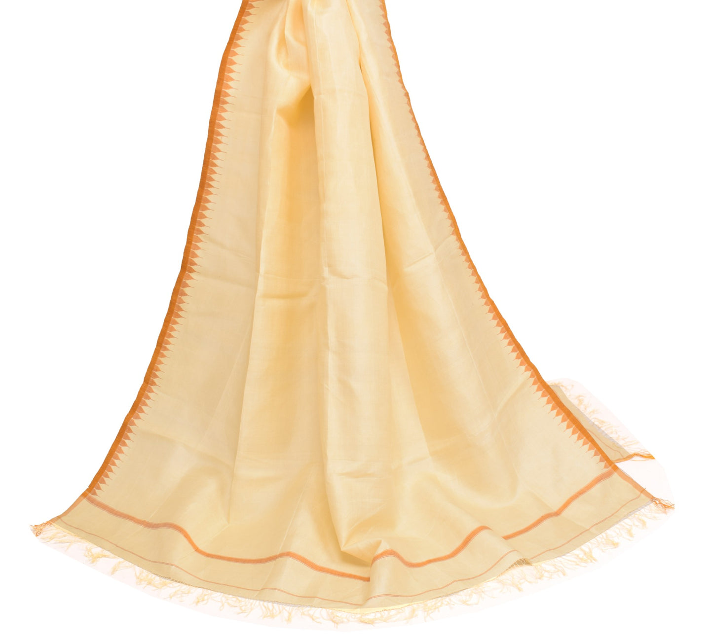 Sushila Vintage Pure Silk Dupatta Hand Woven With Fringe Border Cream Long Stole