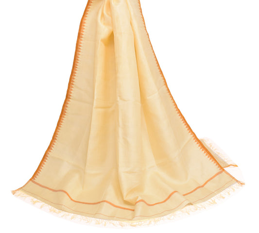 Sushila Vintage Pure Silk Dupatta Hand Woven With Fringe Border Cream Long Stole