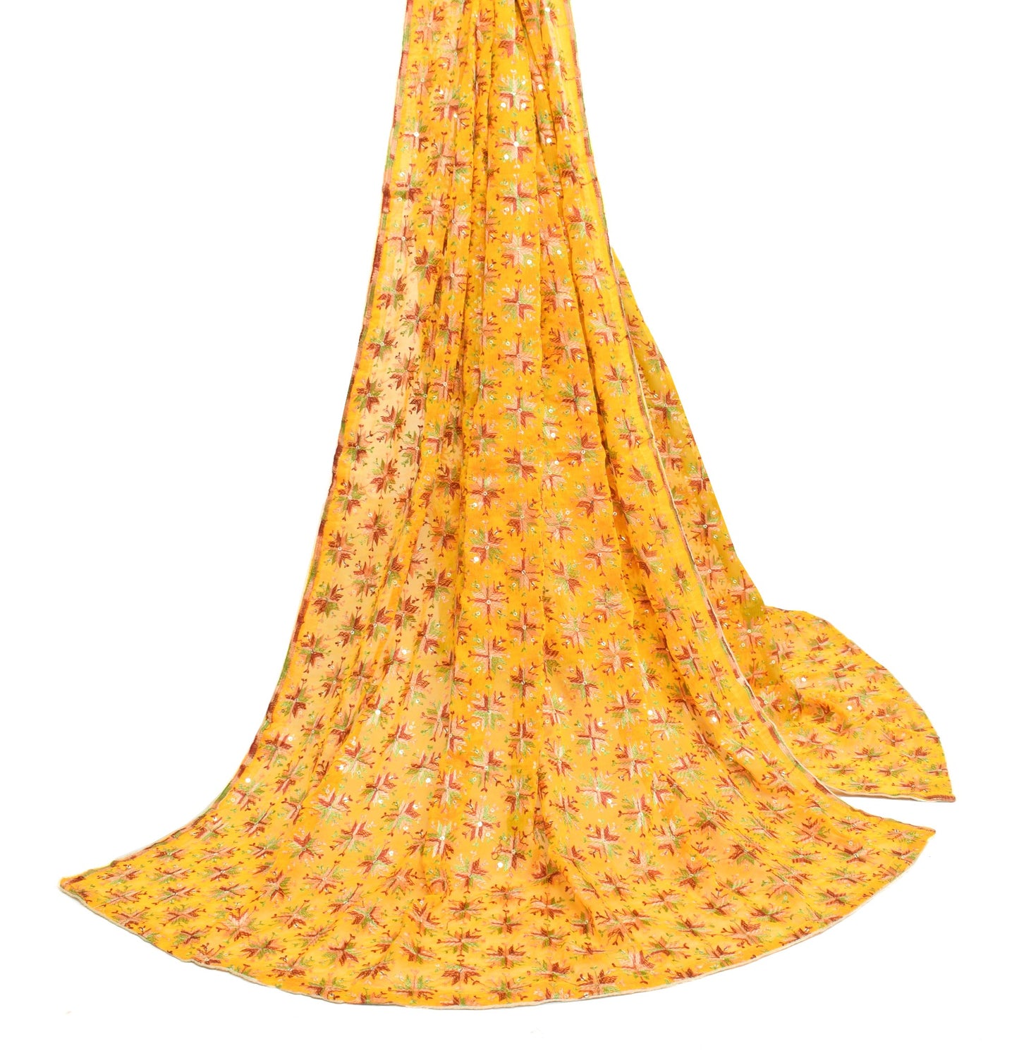 Sushila Vintage Yellow Bagh Phulkari Dupatta Art Chiffon Wedding Long Stole Wrap