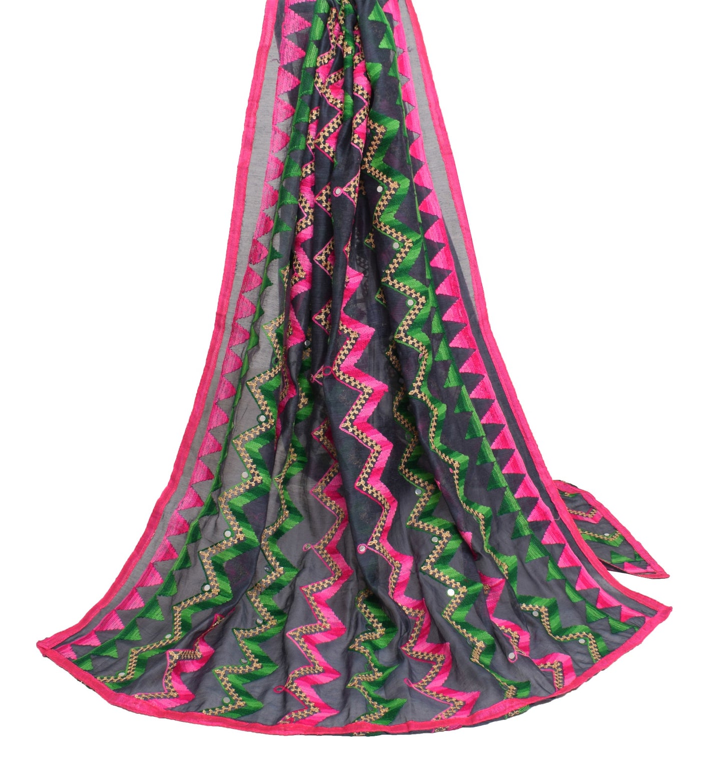 Sushila Vintage Dark Gray Art Silk Dupatta Hand Embroidered Zig-Zag Long Stole
