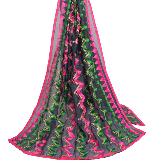 Sushila Vintage Dark Gray Art Silk Dupatta Hand Embroidered Zig-Zag Long Stole