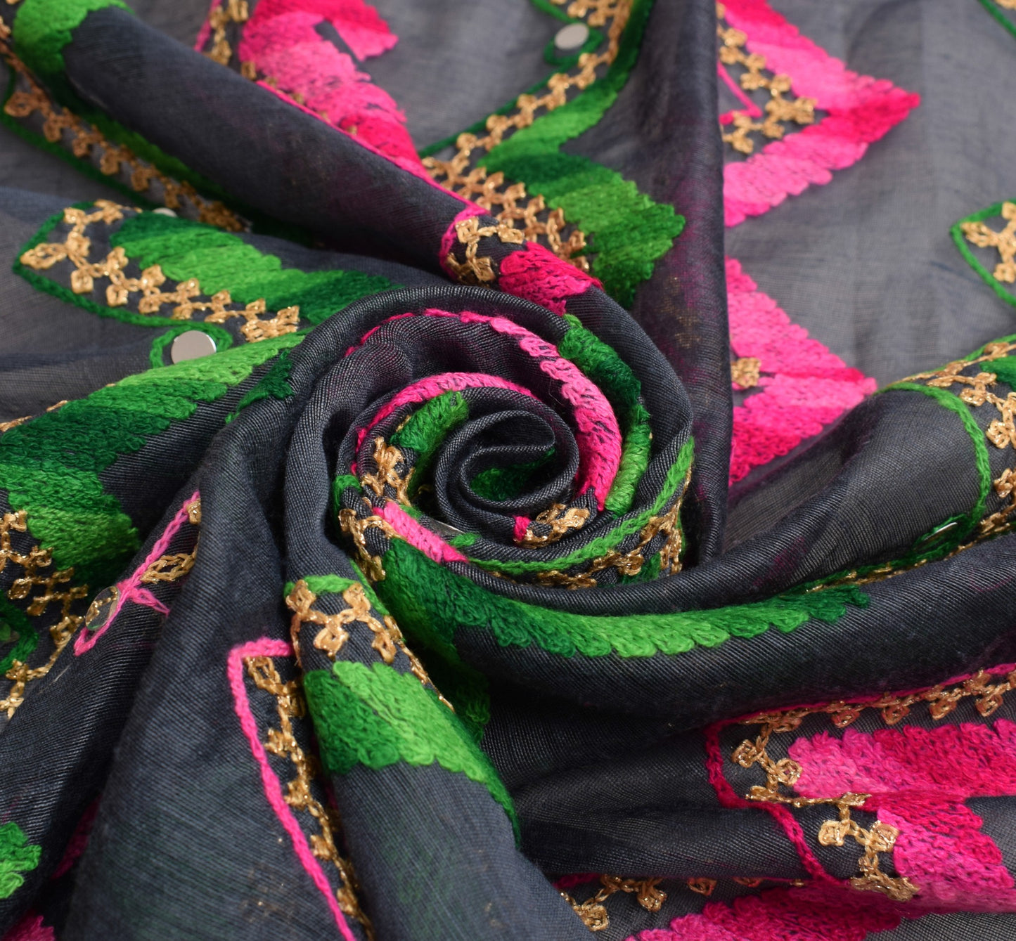 Sushila Vintage Dark Gray Art Silk Dupatta Hand Embroidered Zig-Zag Long Stole
