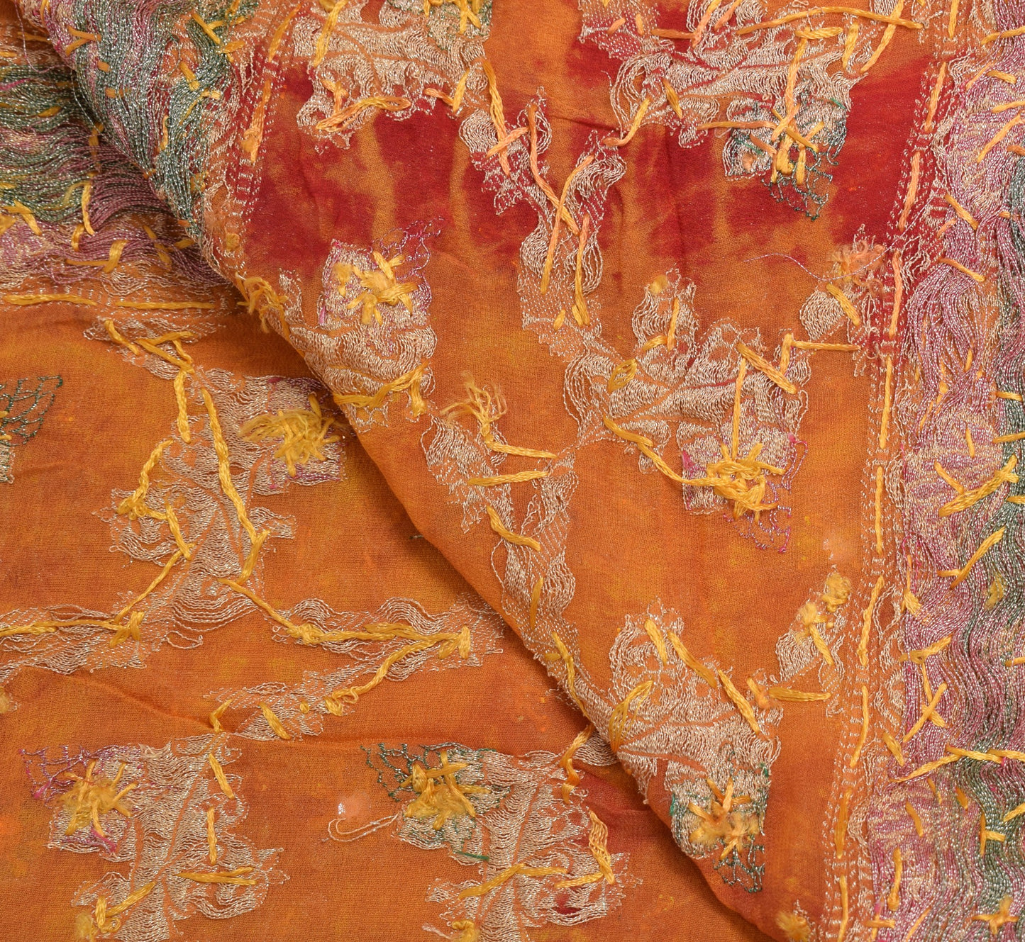 Sushila Vintage Tie-Dye Dupatta Red Yellow Pure Georgette Hand Beaded Long Stole