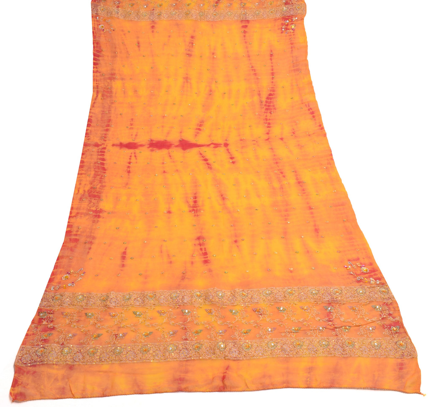 Sushila Vintage Tie-Dye Dupatta Red Yellow Pure Georgette Hand Beaded Long Stole