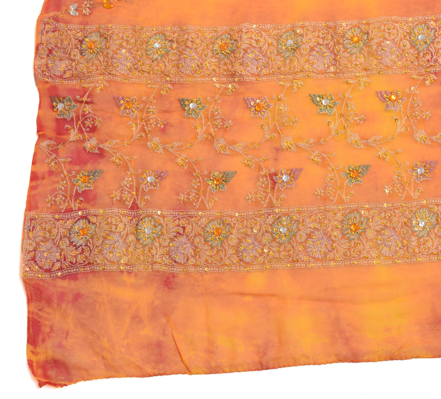 Sushila Vintage Tie-Dye Dupatta Red Yellow Pure Georgette Hand Beaded Long Stole