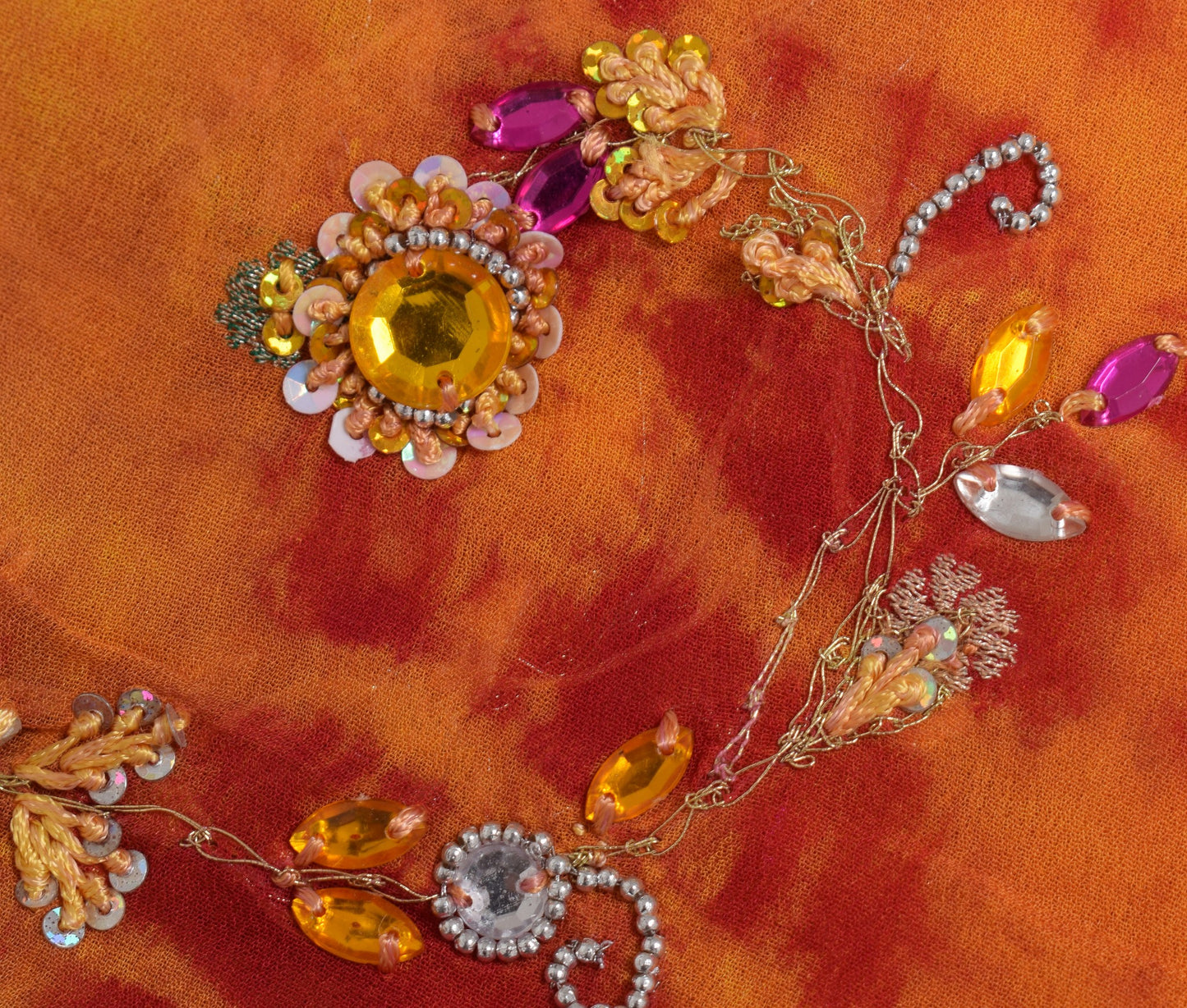 Sushila Vintage Tie-Dye Dupatta Red Yellow Pure Georgette Hand Beaded Long Stole