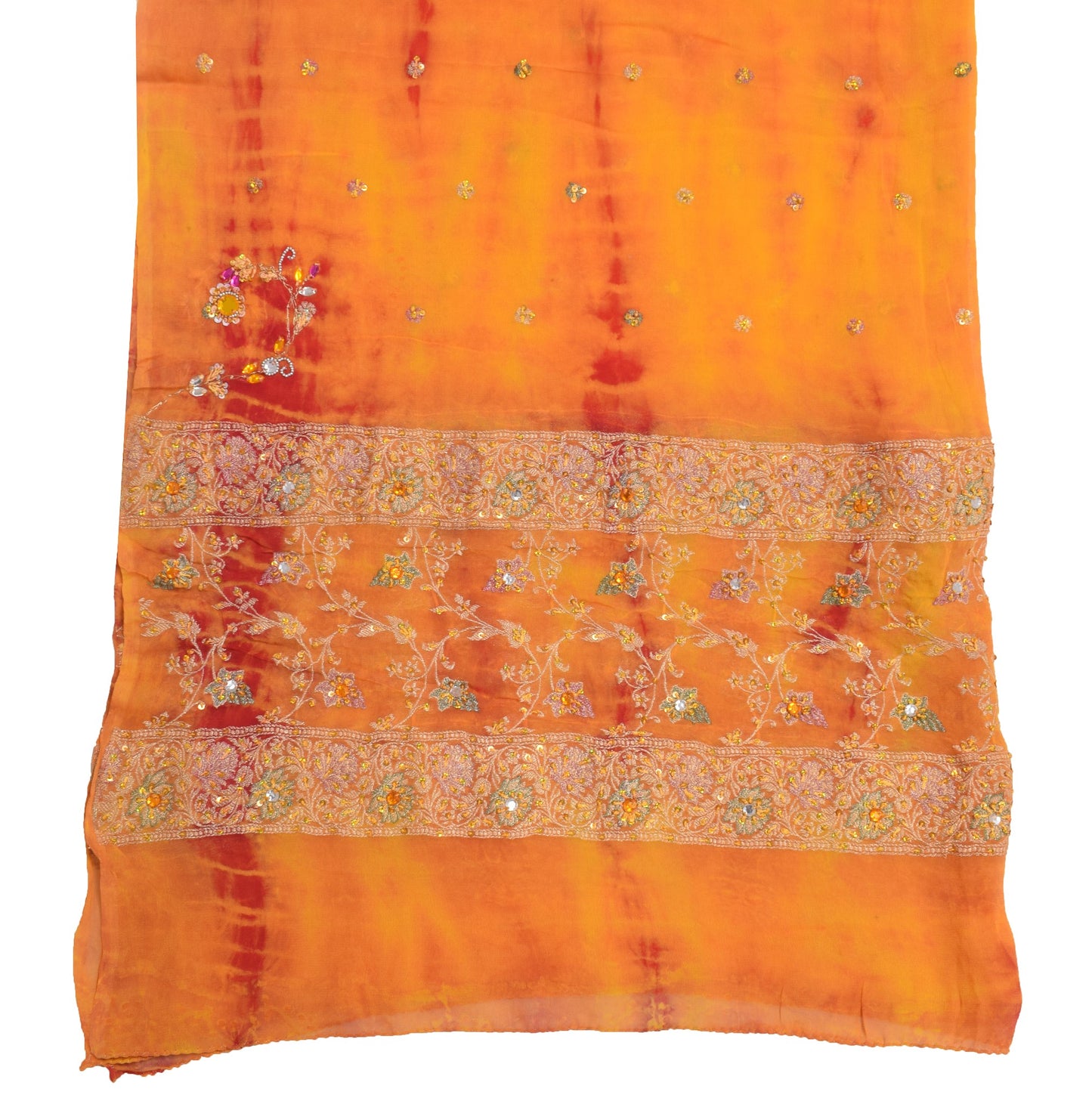 Sushila Vintage Tie-Dye Dupatta Red Yellow Pure Georgette Hand Beaded Long Stole
