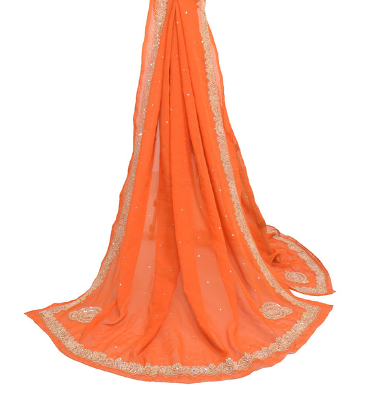 Sushila Vintage Zardozi Work Dupatta Orange Art Georgette Silk Ethnic Long Stole