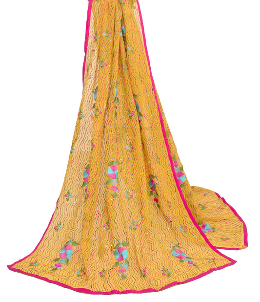 Sushila Vintage Yellow Dupatta Art Georgette Hand Embroidered Kantha Long Stole