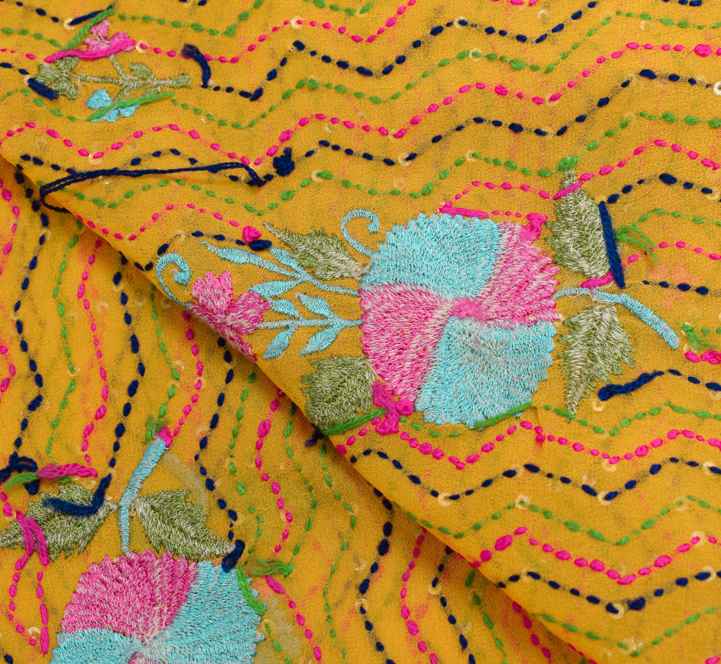Sushila Vintage Yellow Dupatta Art Georgette Hand Embroidered Kantha Long Stole