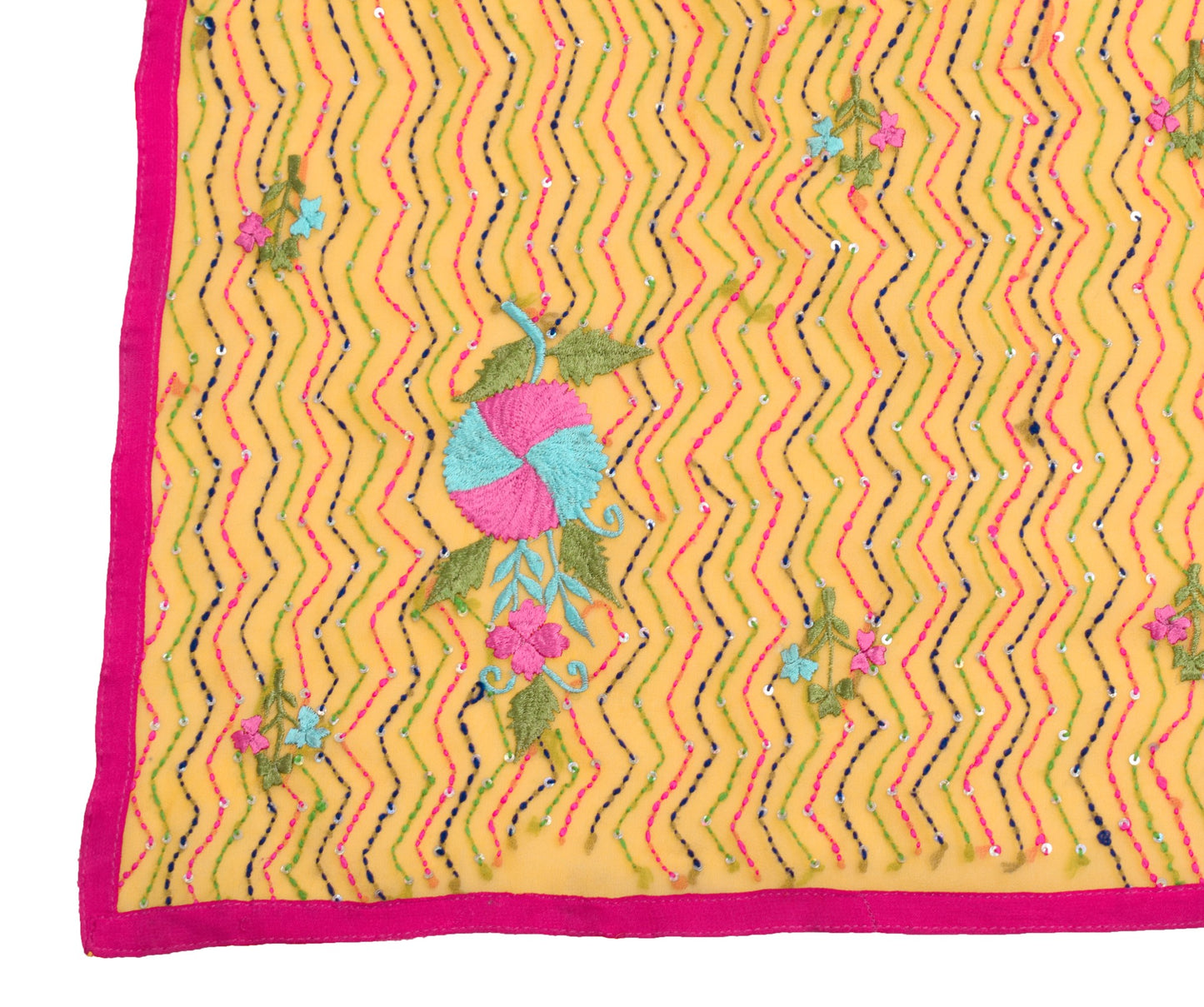 Sushila Vintage Yellow Dupatta Art Georgette Hand Embroidered Kantha Long Stole