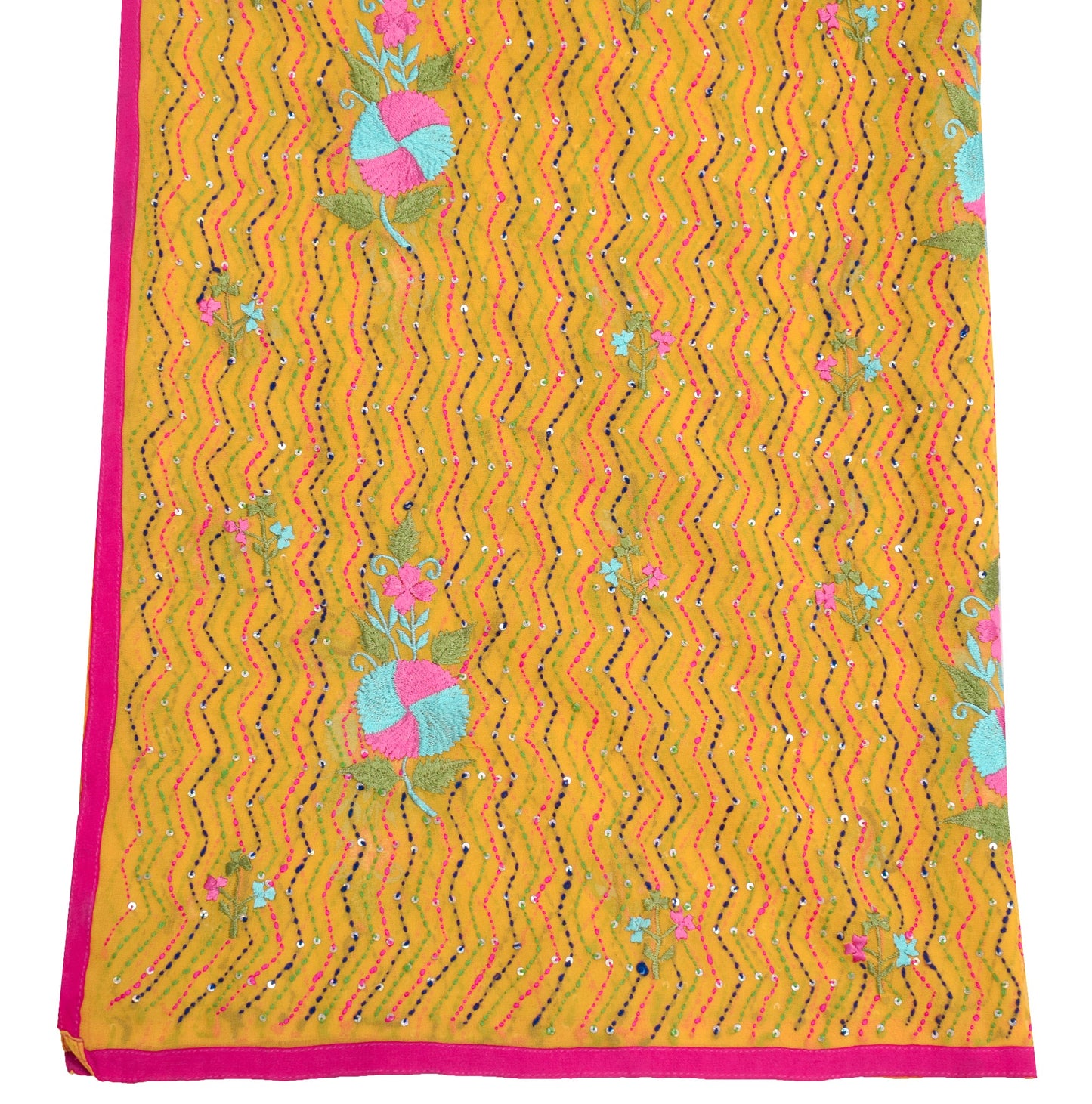 Sushila Vintage Yellow Dupatta Art Georgette Hand Embroidered Kantha Long Stole