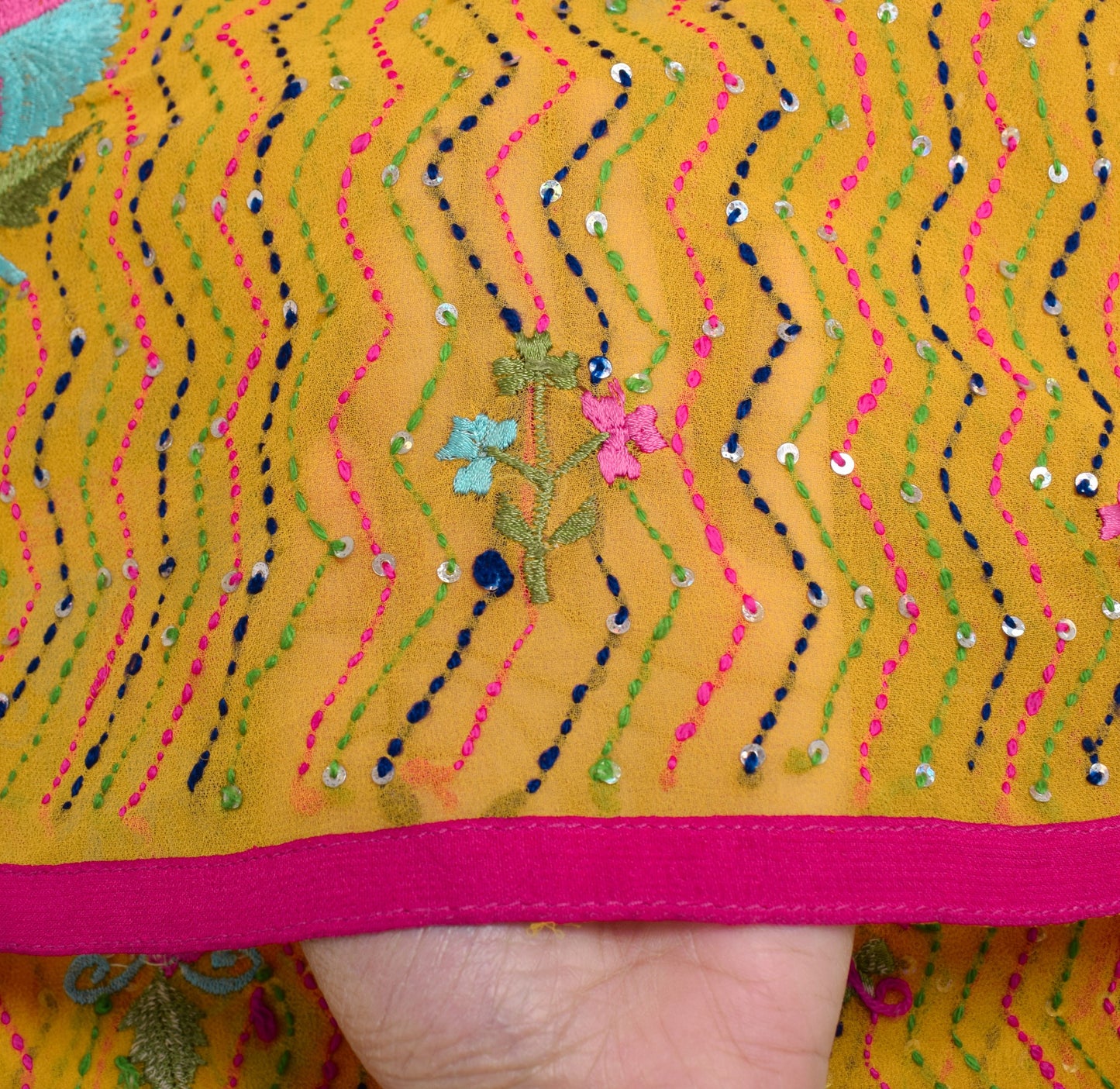 Sushila Vintage Yellow Dupatta Art Georgette Hand Embroidered Kantha Long Stole
