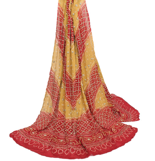 Sushila Vintage Red Bandhani Heavy Dupatta Pure Georgette Gold PearlBeaded Stole