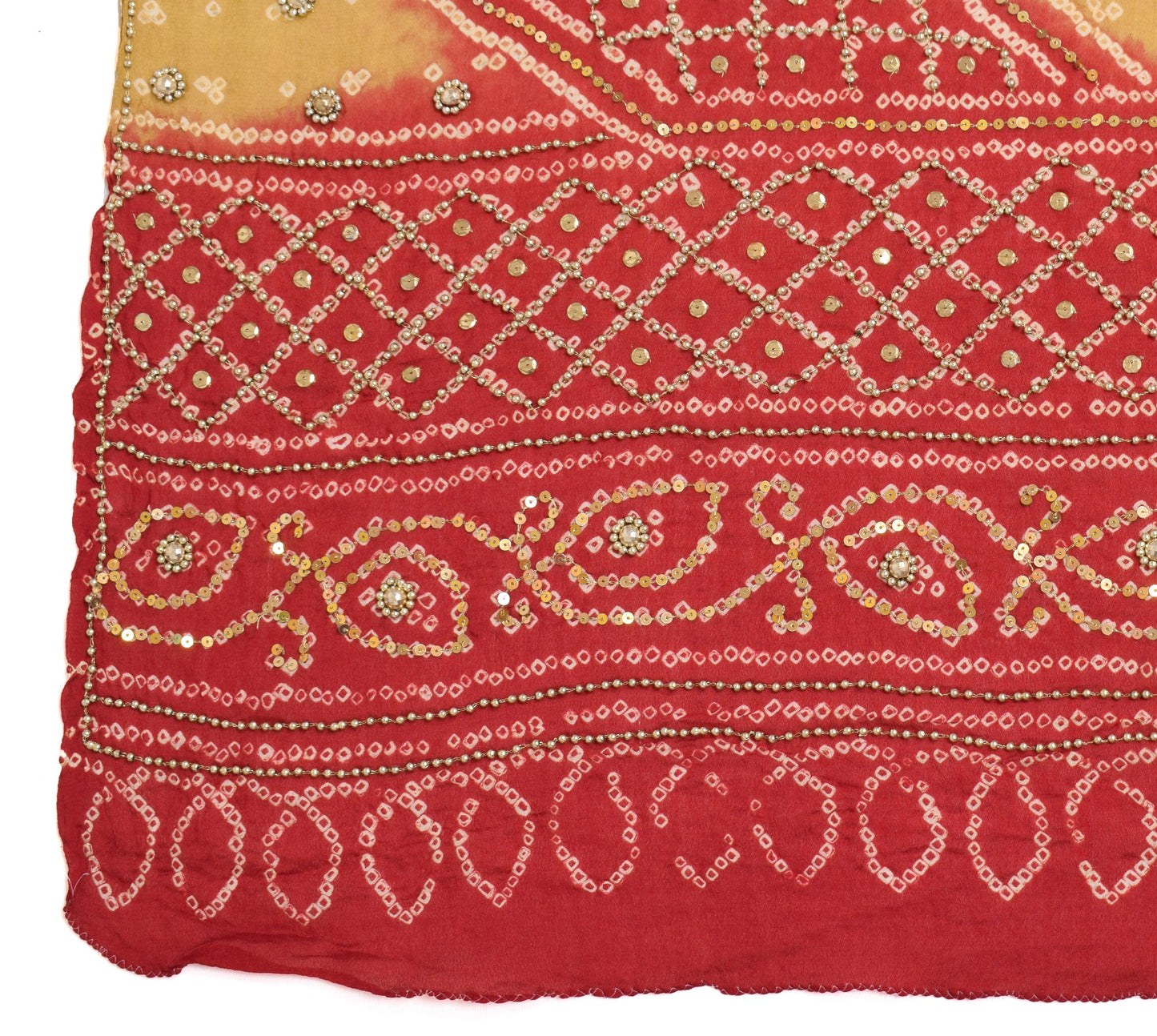Sushila Vintage Red Bandhani Heavy Dupatta Pure Georgette Gold PearlBeaded Stole