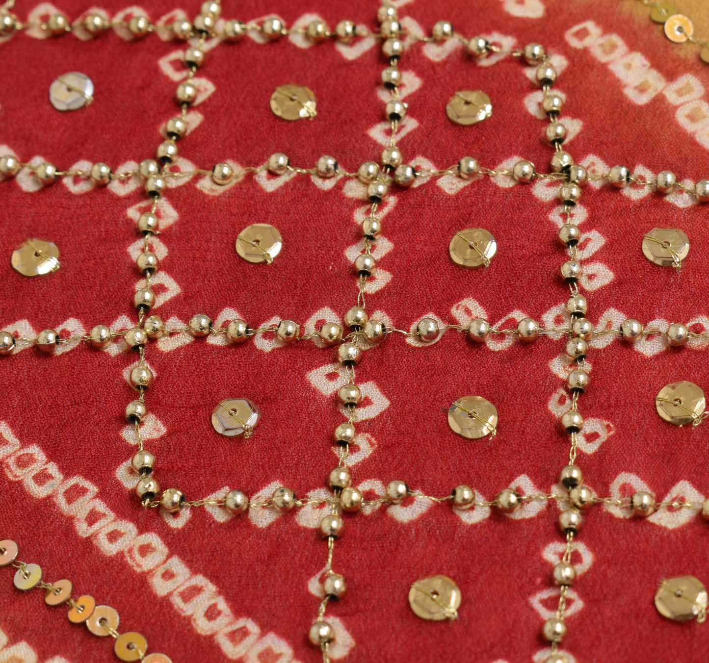 Sushila Vintage Red Bandhani Heavy Dupatta Pure Georgette Gold PearlBeaded Stole