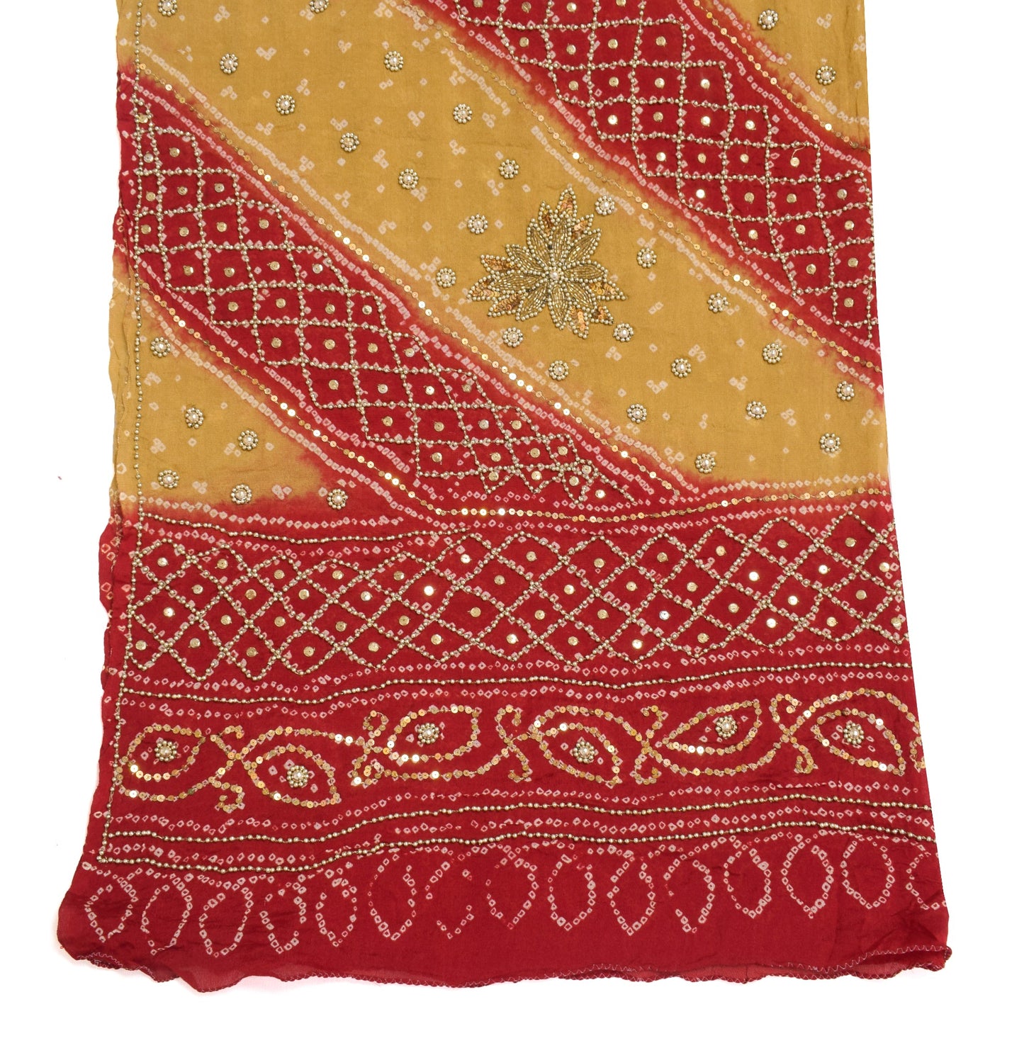Sushila Vintage Red Bandhani Heavy Dupatta Pure Georgette Gold PearlBeaded Stole