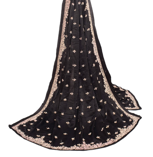 Sushila Vintage Black Heavy Dupatta Zardozi Hand Work Pure Satin Silk Long Stole