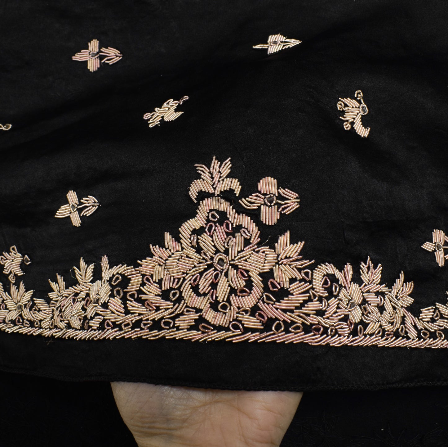 Sushila Vintage Black Heavy Dupatta Zardozi Hand Work Pure Satin Silk Long Stole