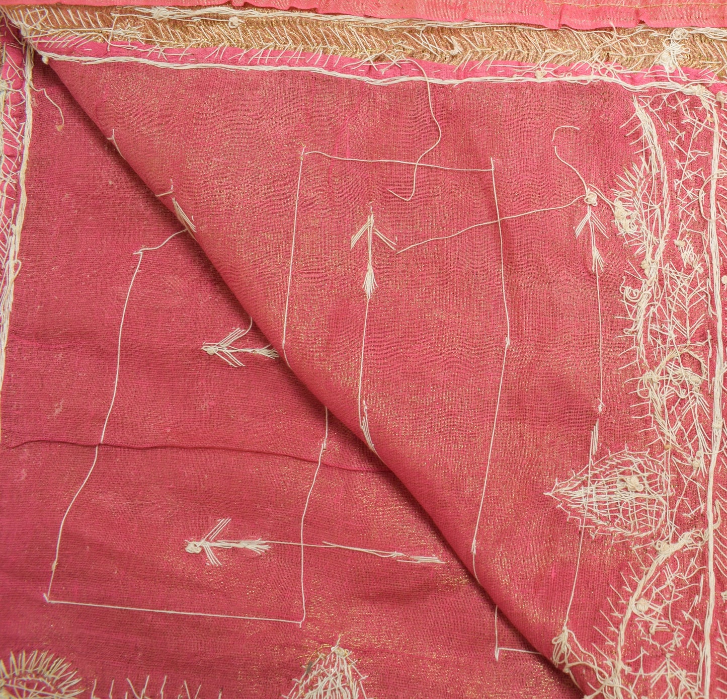 Sushila Vintage Zardozi Work Heavy Dupatta Art Tissue Pink Gold Tone Long Stole