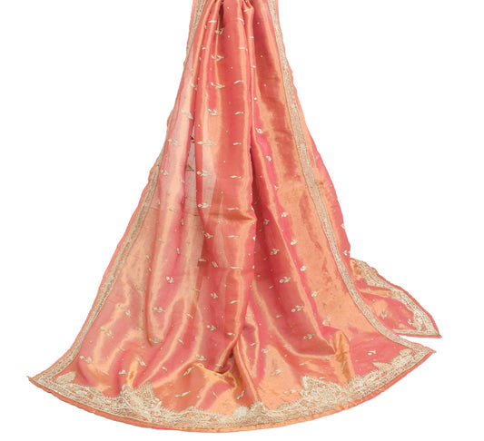 Sushila Vintage Zardozi Work Heavy Dupatta Art Tissue Pink Gold Tone Long Stole