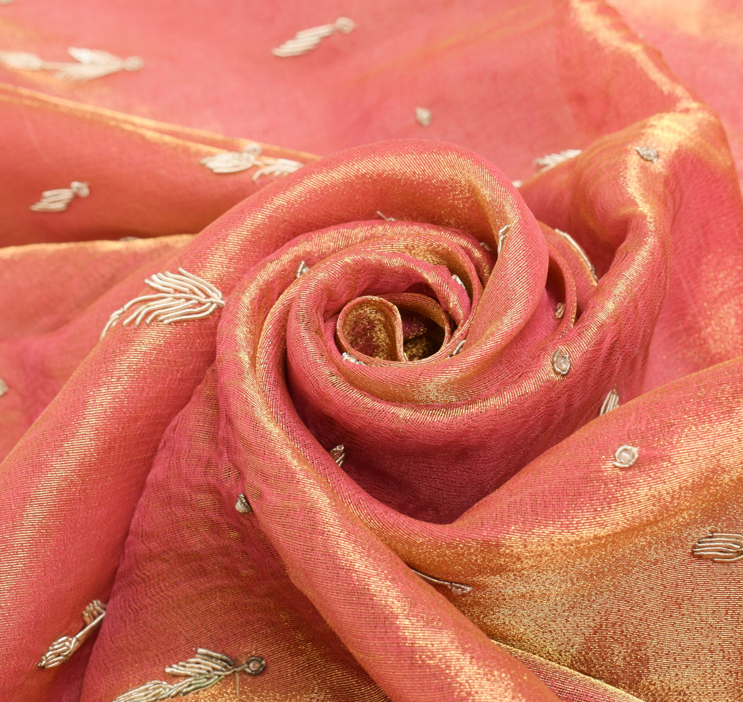 Sushila Vintage Zardozi Work Heavy Dupatta Art Tissue Pink Gold Tone Long Stole