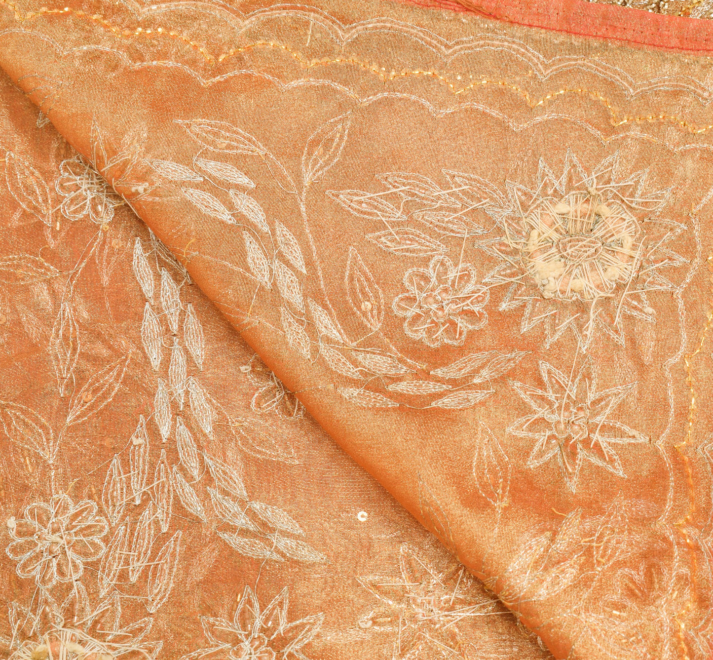 Sushila Vintage Gold Orange Heavy Dupatta Art Tissue Zari Sequins Work LongStole