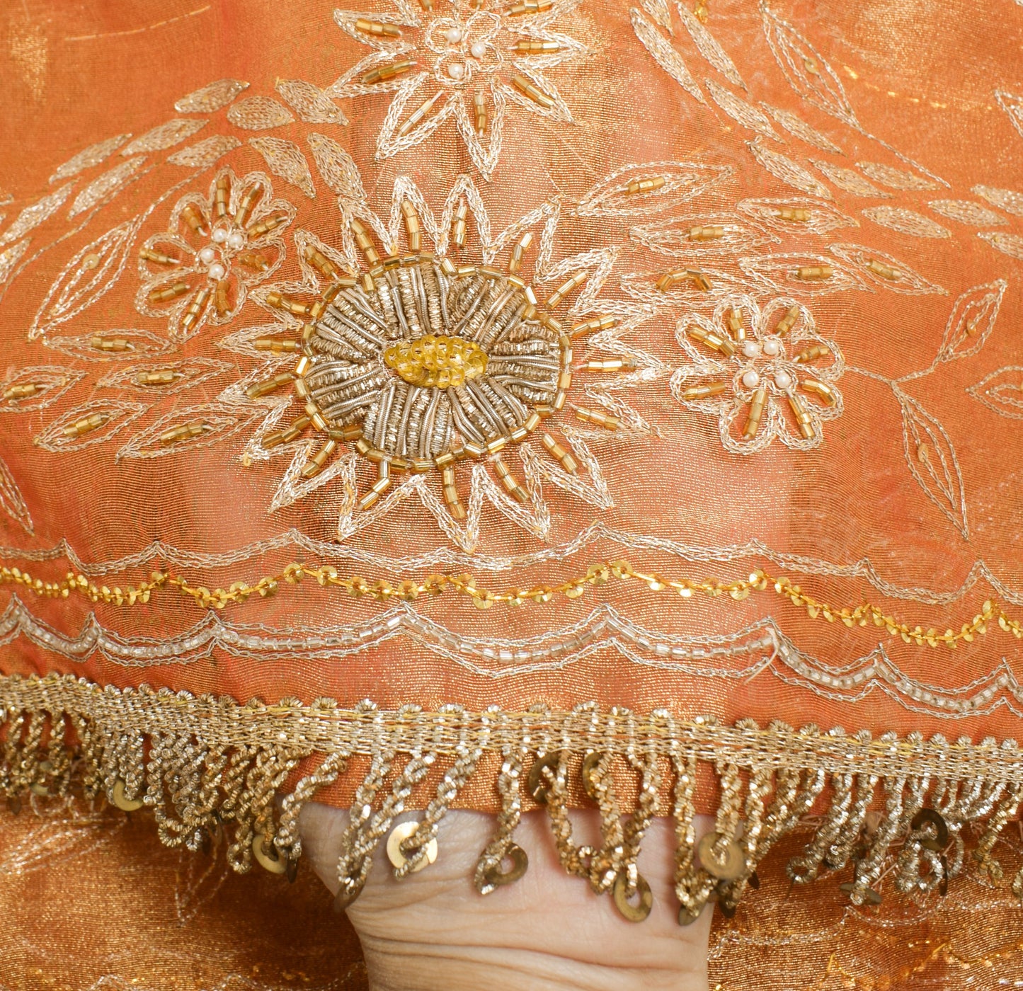 Sushila Vintage Gold Orange Heavy Dupatta Art Tissue Zari Sequins Work LongStole