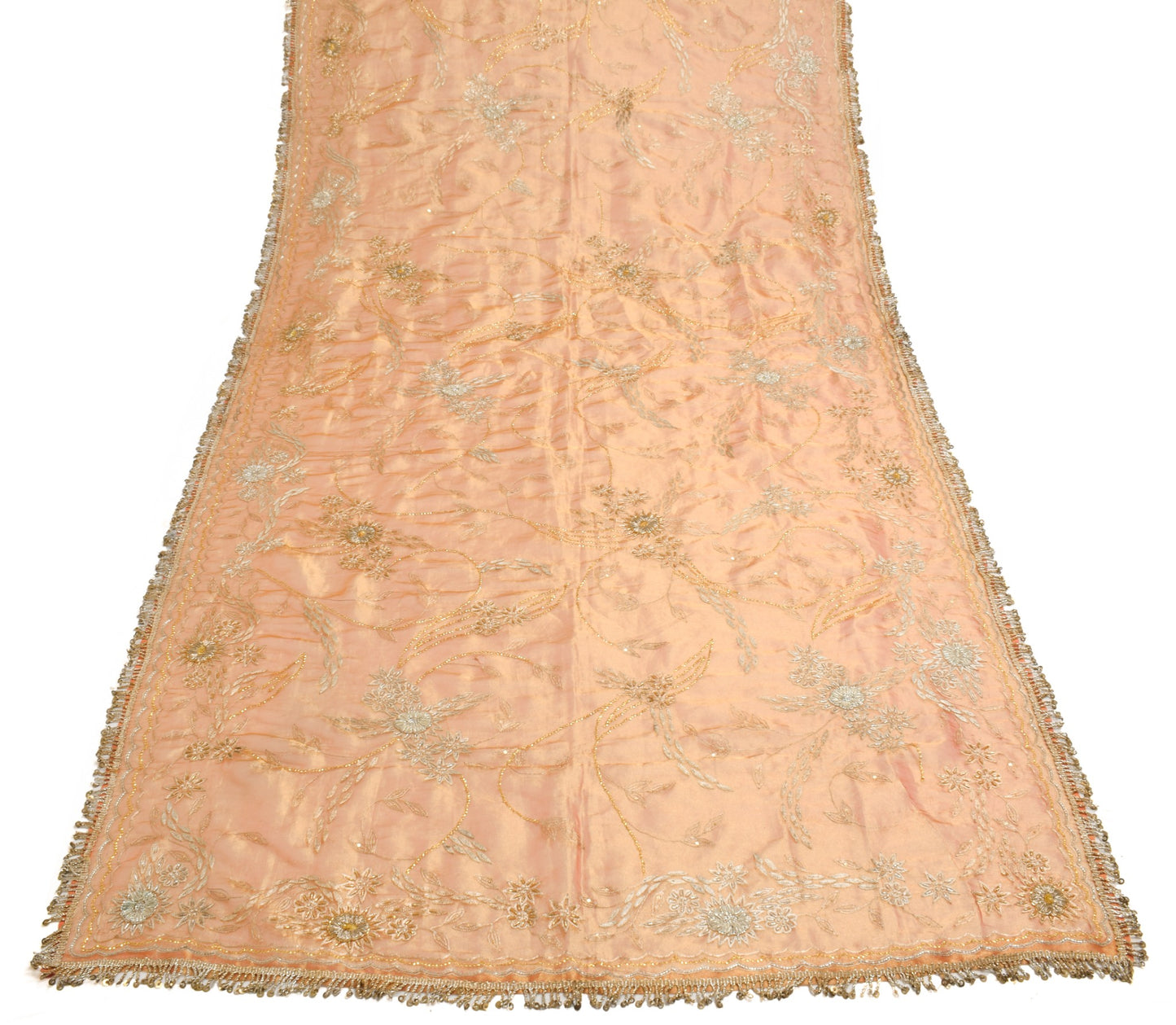 Sushila Vintage Gold Orange Heavy Dupatta Art Tissue Zari Sequins Work LongStole