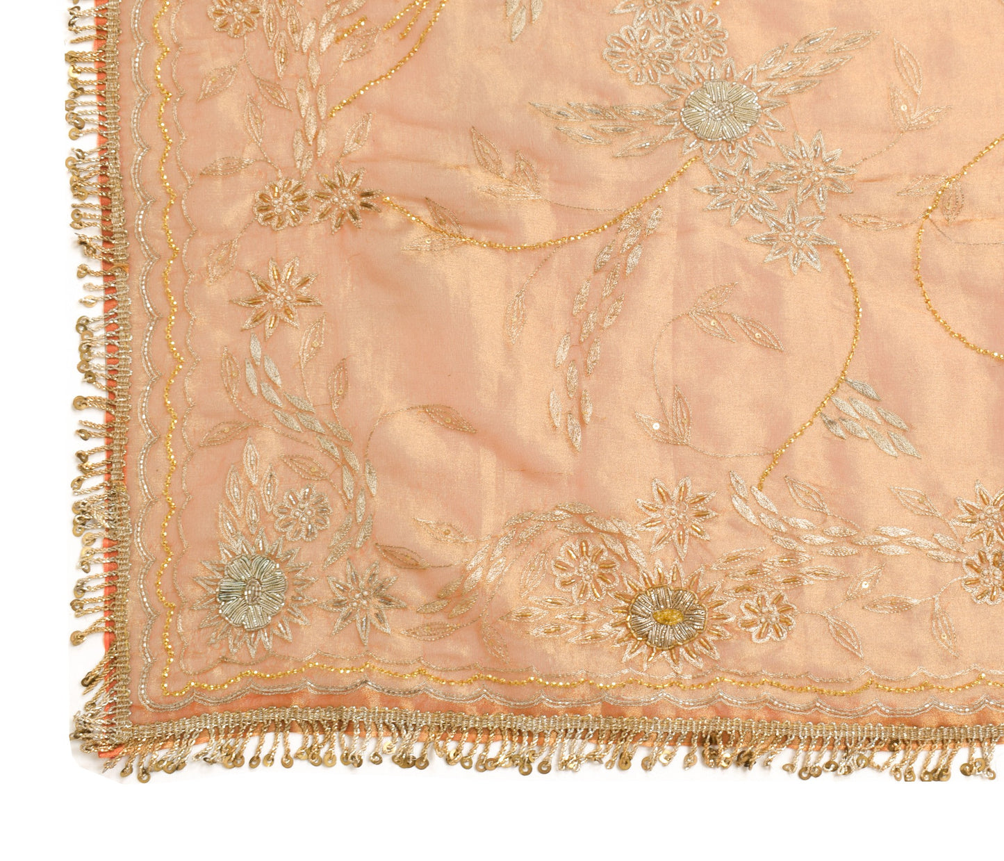 Sushila Vintage Gold Orange Heavy Dupatta Art Tissue Zari Sequins Work LongStole