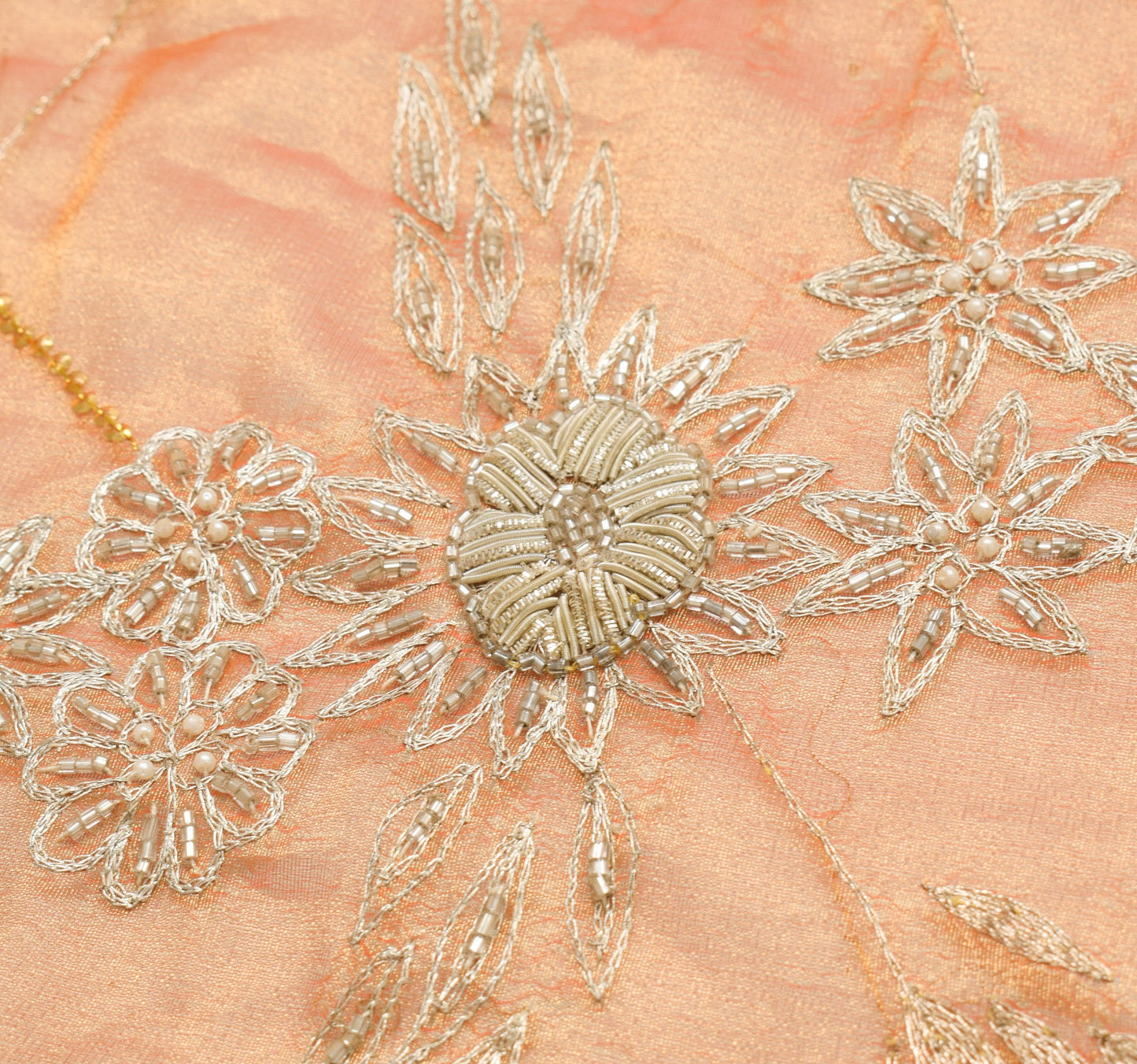 Sushila Vintage Gold Orange Heavy Dupatta Art Tissue Zari Sequins Work LongStole