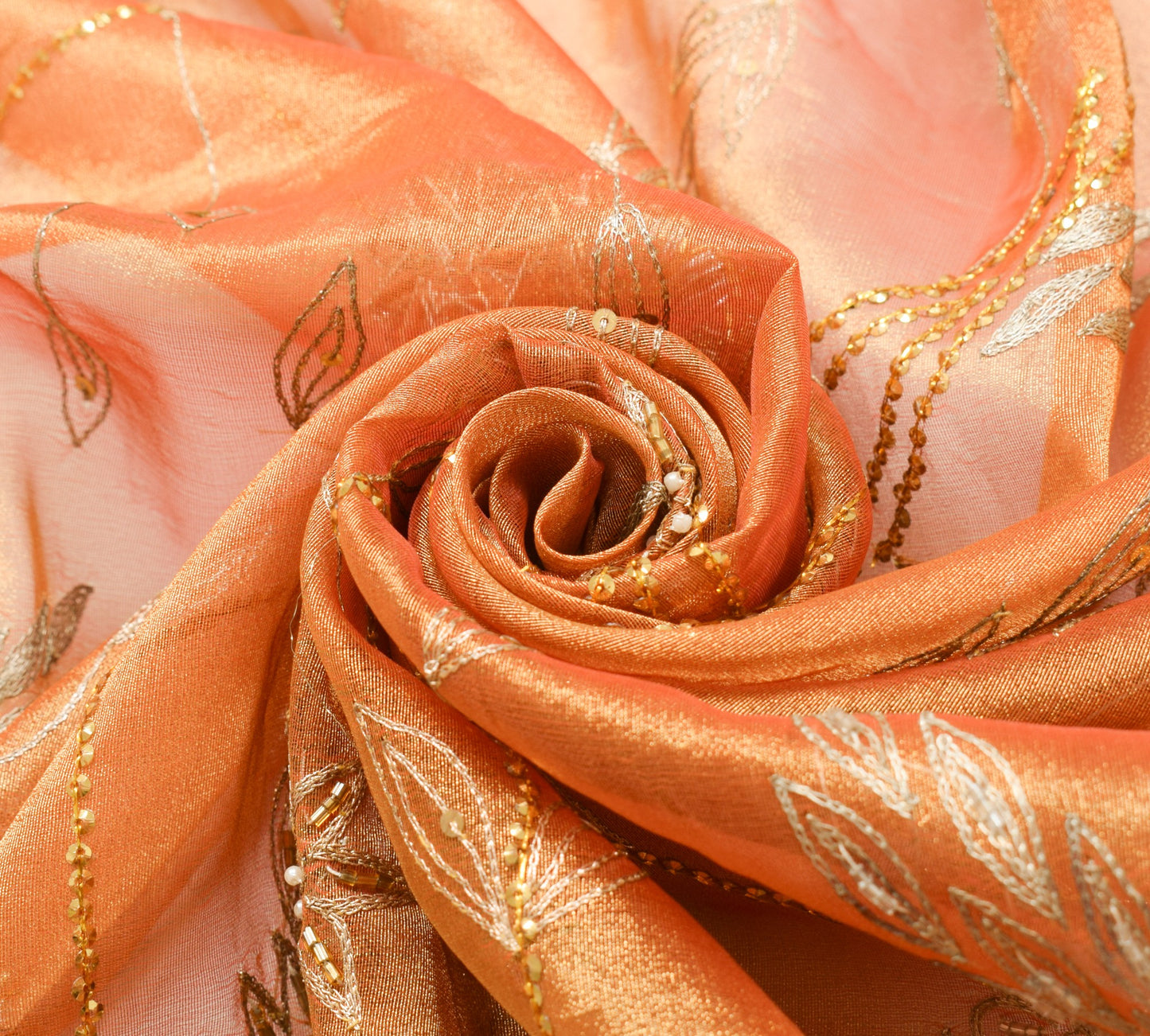 Sushila Vintage Gold Orange Heavy Dupatta Art Tissue Zari Sequins Work LongStole
