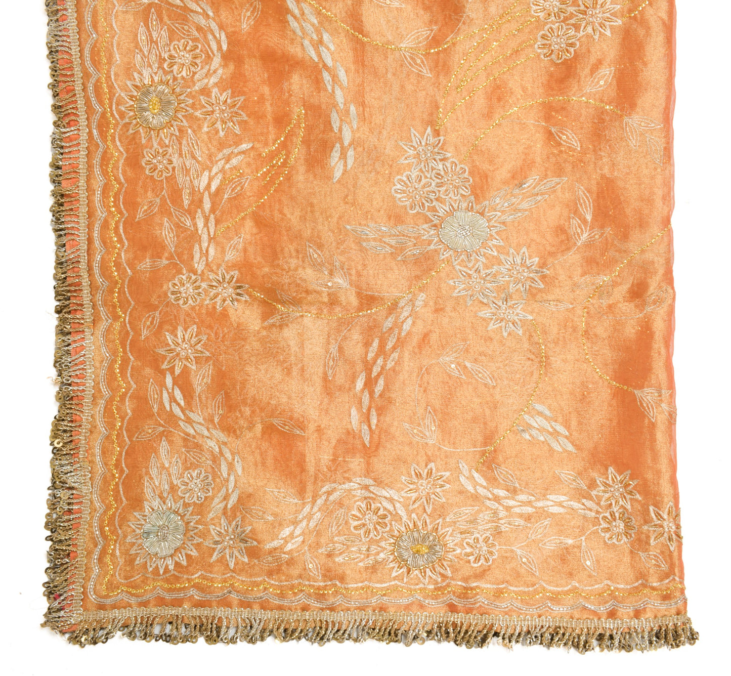 Sushila Vintage Gold Orange Heavy Dupatta Art Tissue Zari Sequins Work LongStole