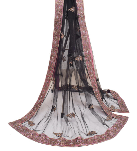 Sushila Vintage Black Net Heavy Dupatta Zardozi Work Mauve Border Long Stole