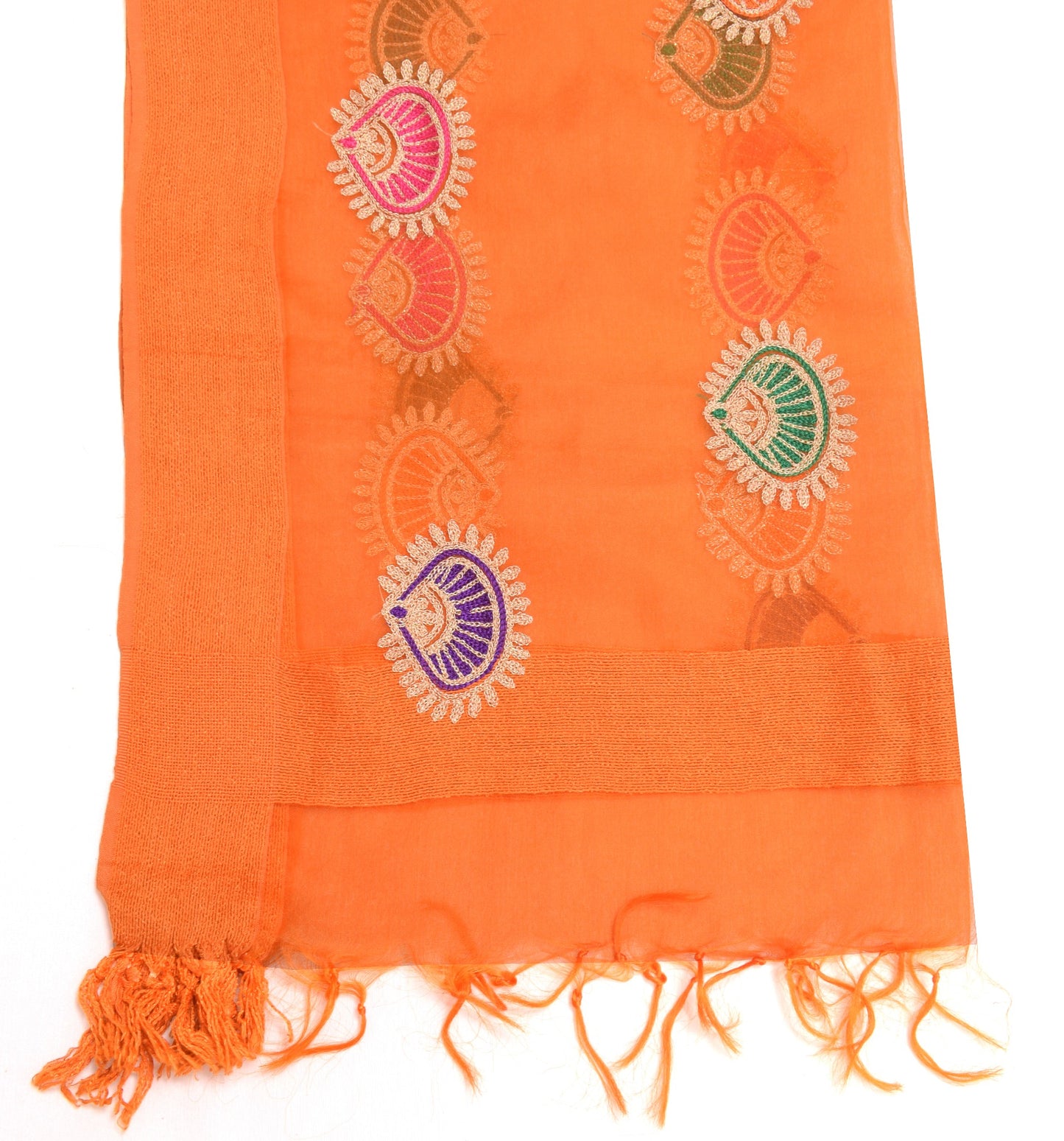 Sushila Vintage Orange Art Silk Dupatta Embroidered with Hand Woven Border Stole