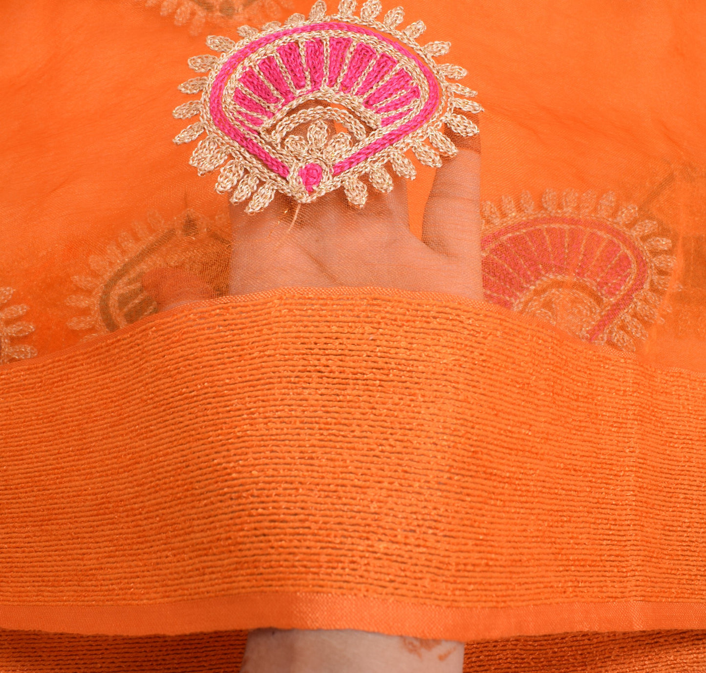 Sushila Vintage Orange Art Silk Dupatta Embroidered with Hand Woven Border Stole