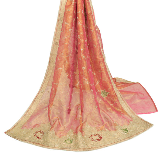 Sushila Vintage Pure Tissue Heavy Dupatta Pink Gold Zari Embroidered Long Stole