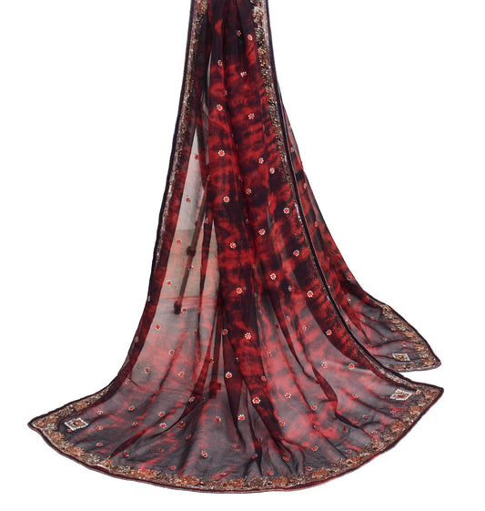 Sushila Vintage Red Tie-Dye Dupatta Pure Georgette Glass Beads Embellish Stole