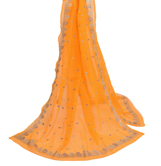 Sushila Vintage Orange Dupatta Art Georgette Hand Embroidered Floral Long Stole