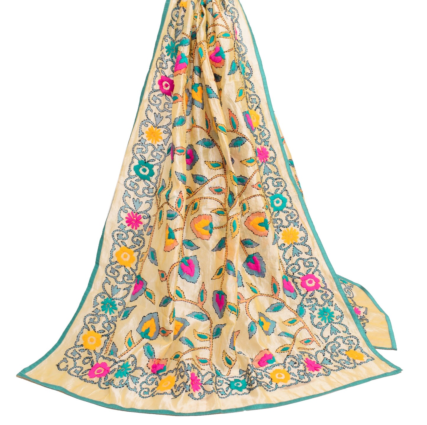 Sushila Vintage Beige Heavy Dupatta Art Silk Handmade Traditional OOAK Stole