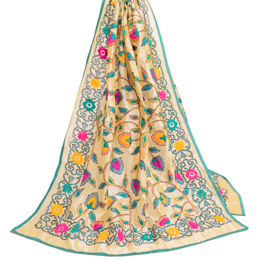 Sushila Vintage Beige Heavy Dupatta Art Silk Handmade Traditional OOAK Stole