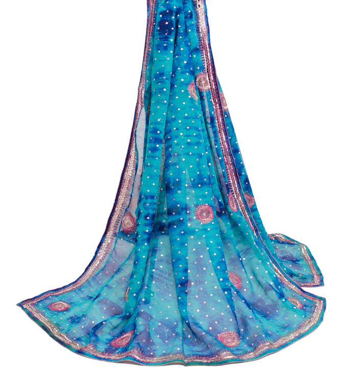 Sushila Vintage Blue Tie-Dye Dupatta Pure Georgette Sequins Zari Work Long Stole