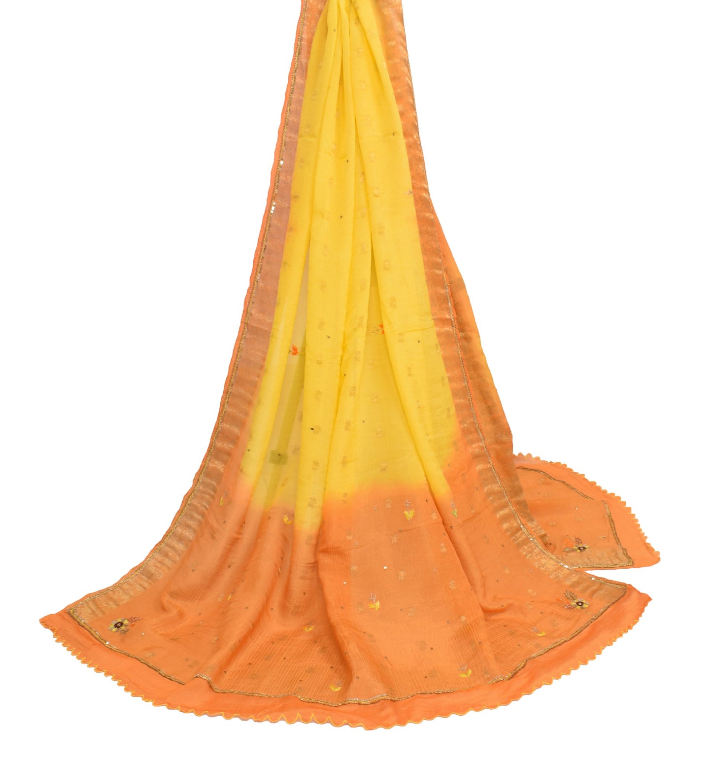 Sushila Vintage 100% Pure Silk Dupatta Yellow Orange Zari Woven Soft Long Stole