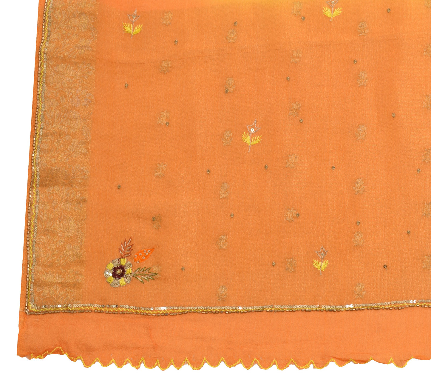 Sushila Vintage 100% Pure Silk Dupatta Yellow Orange Zari Woven Soft Long Stole