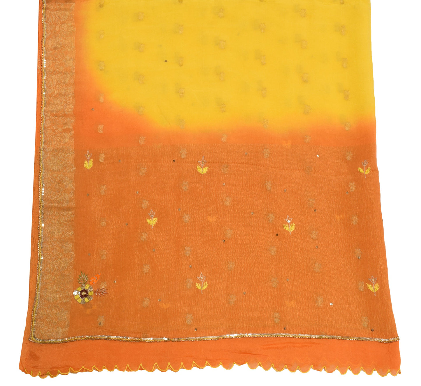 Sushila Vintage 100% Pure Silk Dupatta Yellow Orange Zari Woven Soft Long Stole