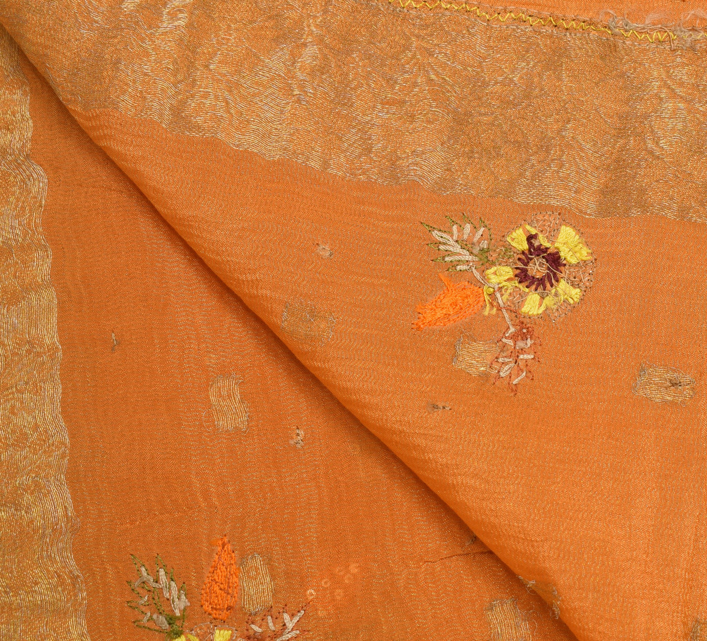 Sushila Vintage 100% Pure Silk Dupatta Yellow Orange Zari Woven Soft Long Stole