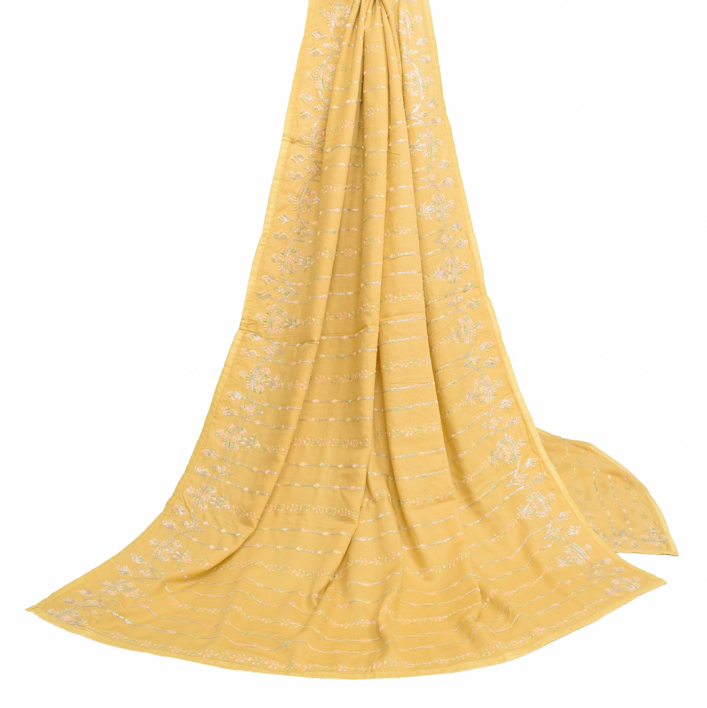 Sushila Vintage Mustard Dupatta Soft Pure Cotton Embroidered Floral Long Stole