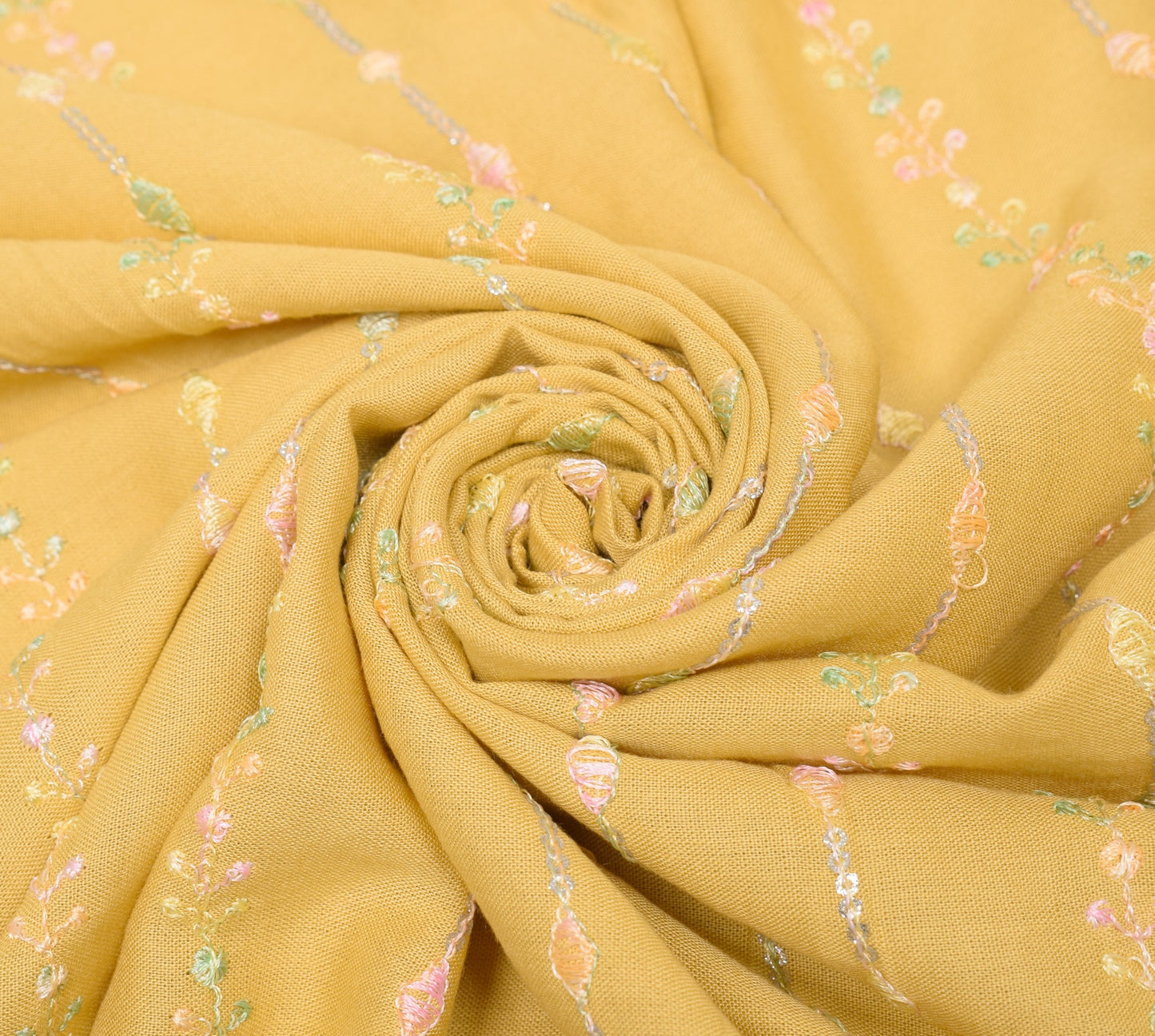 Sushila Vintage Mustard Dupatta Soft Pure Cotton Embroidered Floral Long Stole