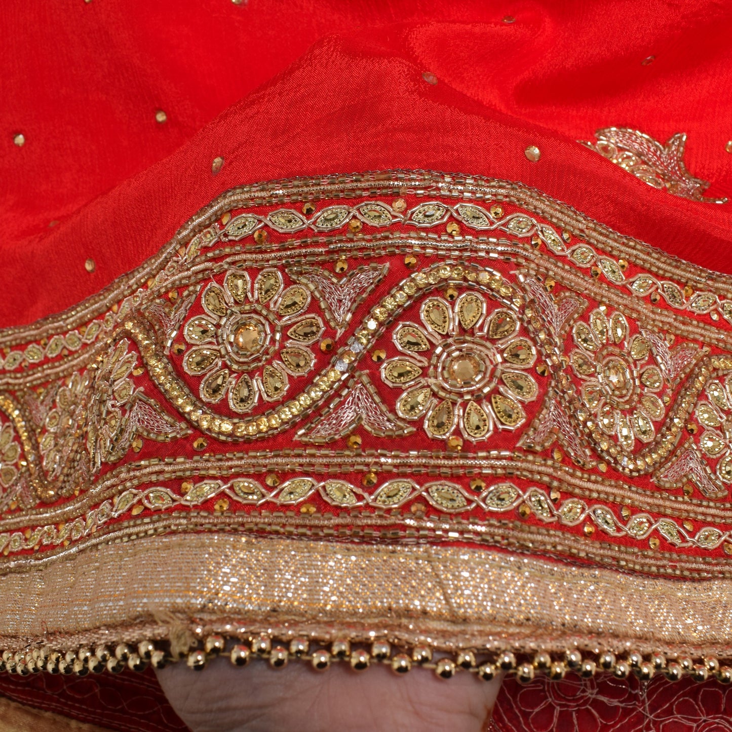 Sushila Vintage Red Heavy Dupatta Pure Silk Glass Beads Stone Work Wedding Stole