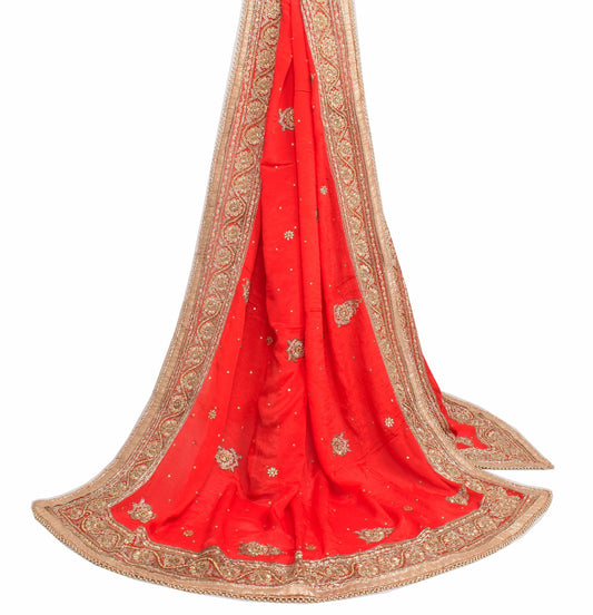 Sushila Vintage Red Heavy Dupatta Pure Silk Glass Beads Stone Work Wedding Stole